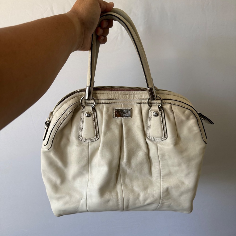 Coach Handbag Ashley Satchel Pleated Leather White Cream Medium